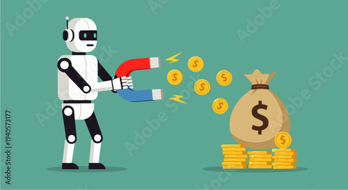 Flat vector illustration depicts an AI Robot picking up money bags and dollar coins with a magnet, symbolizing artificial intelligence attracting income, profit automation, and smart digital finance.