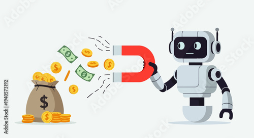 Flat vector illustration depicts an AI Robot picking up money bags and dollar coins with a magnet, symbolizing artificial intelligence attracting income, profit automation, and smart digital finance.
