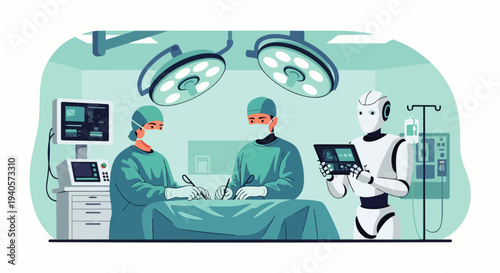 Flat vector illustration of an AI robot assisting professional surgeons in a modern hospital. Medical technology for precise and minimally invasive surgery with the help of artificial intelligence.