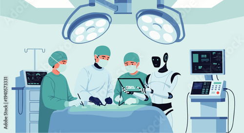 Flat vector illustration of an AI robot assisting professional surgeons in a modern hospital. Medical technology for precise and minimally invasive surgery with the help of artificial intelligence.