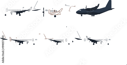 Airplane landing and takeoff icon set, commercial aircraft silhouettes with flight process elements, aviation transport symbols, minimal flat vector illustration