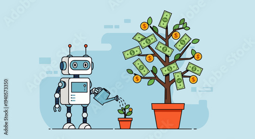 Flat vector illustration depicts an AI Robot watering a plant that grows into a money tree and dollar coins, symbolizing artificial intelligence growing income, automation of profits and finances.