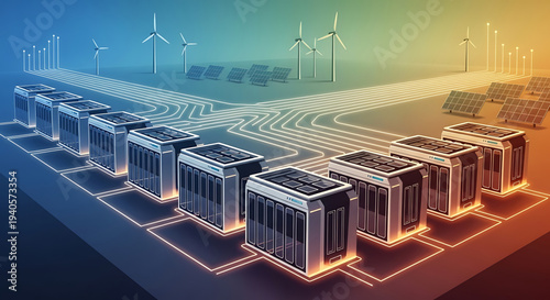 A futuristic illustration of renewable energy storage systems with solar panels and wind turbines in a sustainable power generation concept