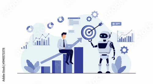 Flat vector illustration of a businessman sitting on a business growth chart with an arrow pointing up, which symbolizes financial success, business development, investment and career advancement.
