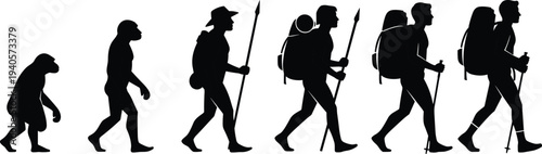 Human evolution to modern hiker silhouettes, man walking progression with backpack, evolution concept illustration isolated design collection