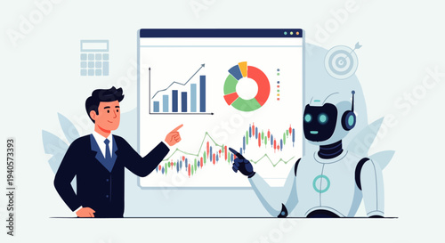Flat vector illustration of a male business professional and an AI robot presenting financial data and market analysis on a computer screen. Human-AI robot collaboration in finance and investment.