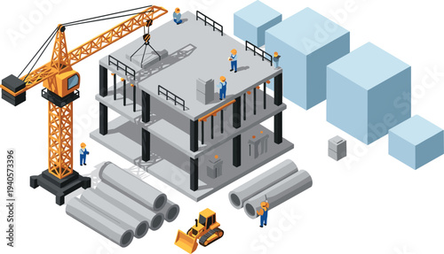 Isometric construction site, building structure development, tower crane lifting materials, engineers and workers, urban infrastructure project illustration design concept