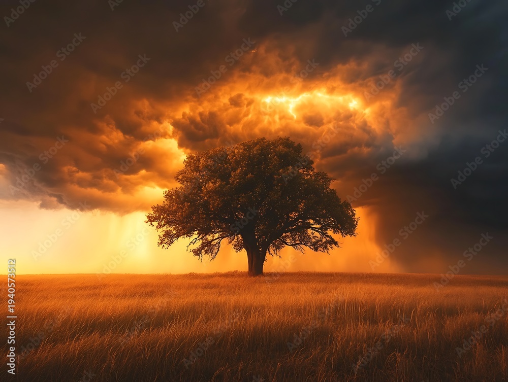 Fototapeta premium Dramatic landscape with a lone tree under a fiery sunset and brewing storm
