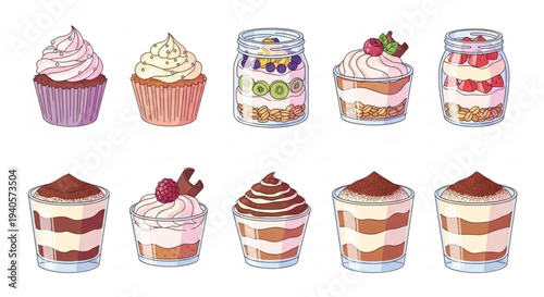 Assorted desserts in jars and cups layered cakes cupcakes with cream chocolate and fruit toppings isolated on white background detailed