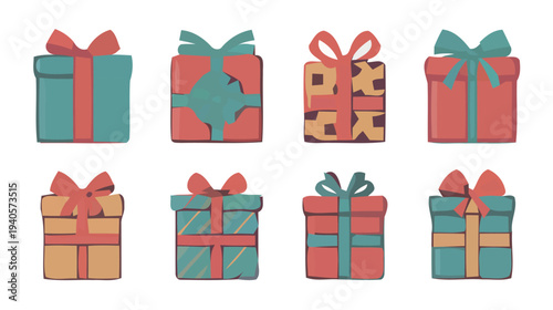 Collection of eight colorful gift boxes with ribbons and bows