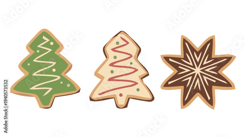 Three festive christmas cookies shaped like trees and a snowflake