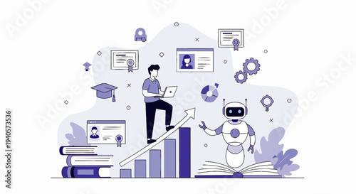 Flat vector illustration of a student or college student standing on an education growth chart with an upward arrow and an ai robot as his assistant, symbolizing artificial intelligence in education