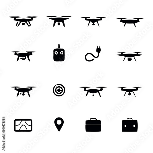 Collection of drone icons and related technology symbols in black silhouette