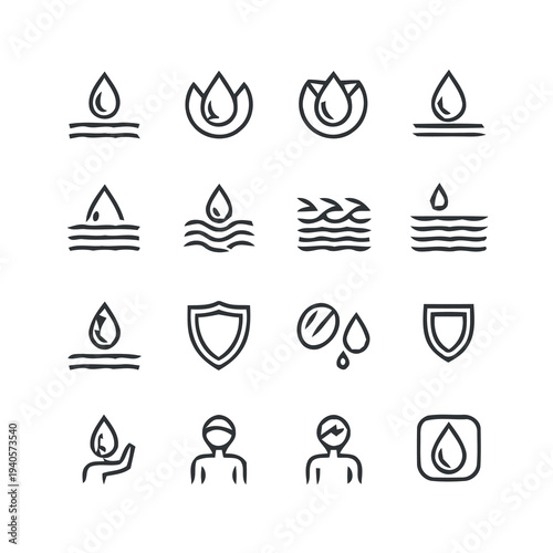 Collection of waterproof and water resistant icons in a grid layout