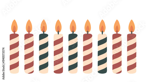 Eight colorful striped birthday candles arranged in a row on a white background