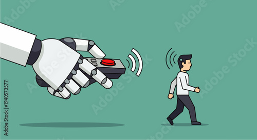 Flat vector illustration depicting a walking male cartoon character, appearing as a robot remotely controlled by an AI humanoid robot. Suitable for control and intimidation by artificial intelligence.