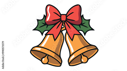 Christmas bells with red bow and holly leaves
