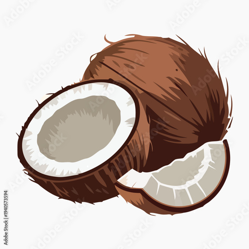 Whole and halved coconut with a wedge on a white background