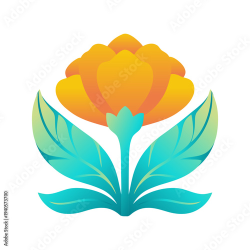 Symmetrical Gradient Botanical Floral Vector Set. Modern decoration with wildflowers, stylized blooming plants, geometric shaped leaves. 