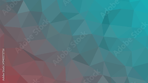 Abstract low poly geometric background with vibrant gradient from reddish grey to teal blue green