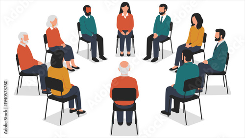 Diverse Group Therapy and Support Circle, Flat Vector Illustration of People Sitting in a Circle for Mental Health and Community Counseling Concept