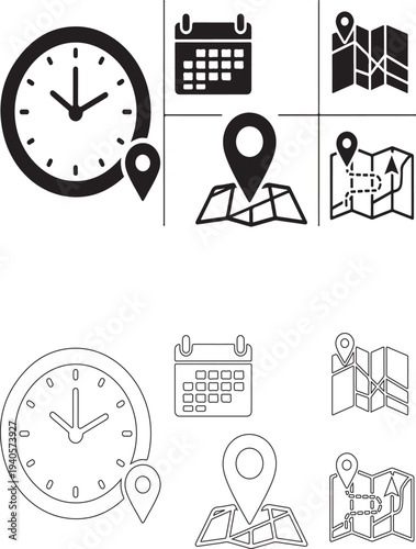 Time and location scheduling outline icon set featuring clock, map and calendar symbols. Thin line vector illustrations with editable stroke for appointment planning, navigation, event scheduling and 