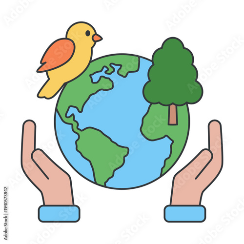 Biodiversity Protection Concept Hands Holding Earth With Bird And Tree Nature Conservation Symbol Icon