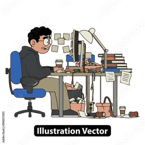 Man working intensely on computer surrounded by cluttered office supplies and papers from a side viewpoint