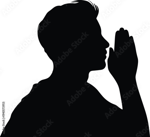 Praying man silhouette vector illustration, male prayer gesture profile, spiritual worship concept, religion faith clipart, meditation hope design