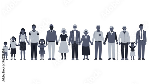 Diverse Multigenerational Community Holding Hands, Flat Vector Silhouette Illustration of Family Unity and Social Inclusion Concept