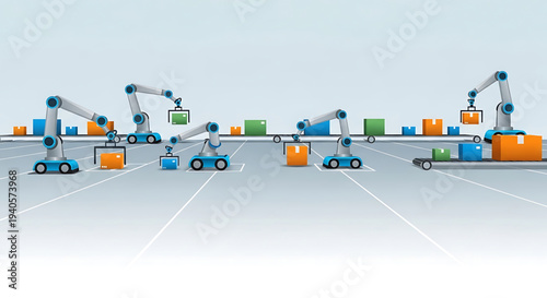 A vector graphic illustration of a modern automated warehouse with robotic arms and conveyor belts