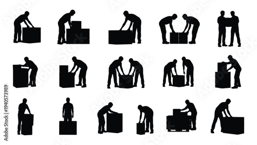 Black silhouettes of people lifting boxes