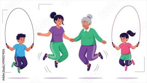 Diverse Multigenerational Family Jumping Rope and Staying Active, Flat Vector Illustration of Healthy Lifestyle and Fun Fitness Concept