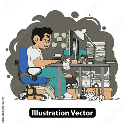 A man sitting at a cluttered office desk surrounded by papers and office supplies, illustration style depiction