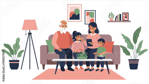 Diverse Multigenerational Family Spending Time Together in Cozy Living Room, Flat Vector Illustration of Grandfather, Mother, and Children Relaxing at Home Concept