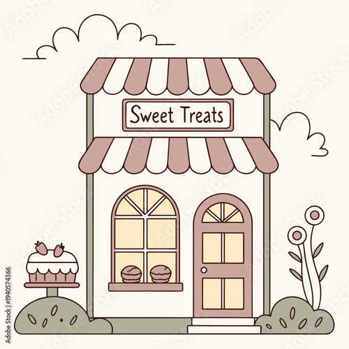 Quaint 'Sweet Treats Bakery' building with arched windows and cake display