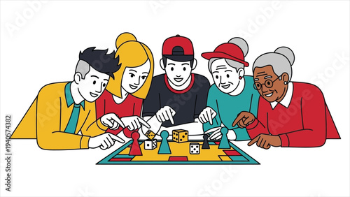 Diverse Multi-Generational Group Playing Board Game, Flat Vector Illustration of Family and Friends Socializing and Strategic Thinking Concept