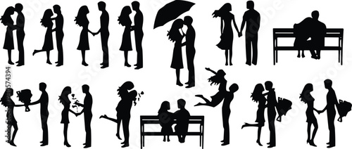 Romantic couple silhouettes collection, love relationship moments set, kissing hugging dating proposal scenes, Valentine romance vector illustration design