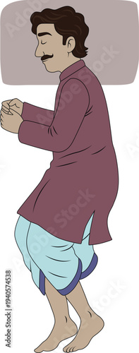 2D Cartoon Indian Man Sleeping Wearing Traditional Kurta Dhoti Vector Illustration