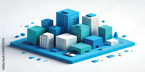 Isometric 3d vector illustration of an abstract city background featuring a skyscraper structure and urban business buildings set in the sky for a modern architectural cityscape map design