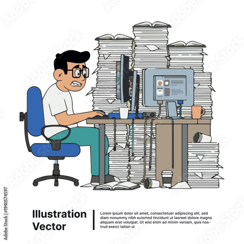 A man overwhelmed by paperwork sits at a cluttered desk with a computer, surrounded by stacks of documents from various industries.