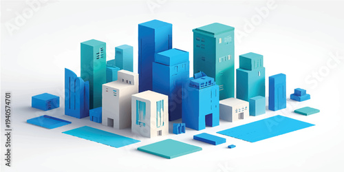 Isometric 3d illustration of a blue urban city skyline featuring modern skyscraper buildings and business tower architecture in a downtown cityscape design