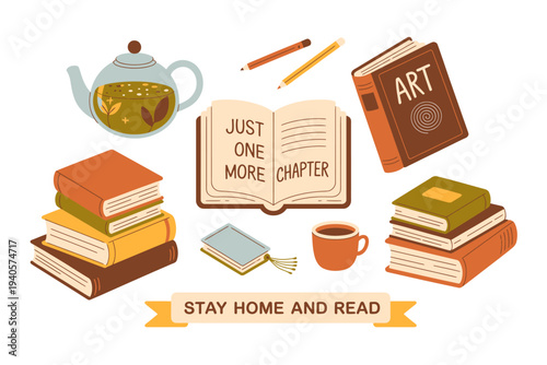 Colorful illustration of books tea and reading accessories on white background