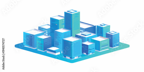 An isometric 3d illustration of a blue city skyline featuring skyscraper buildings and urban architecture in a conceptual city in the sky design