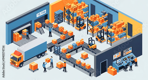 A vibrant isometric illustration of a bustling warehouse with workers and forklifts moving boxes and packages
