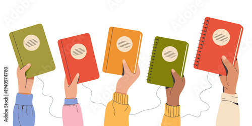 Hands holding up colorful notebooks with spiral binding and blank labels