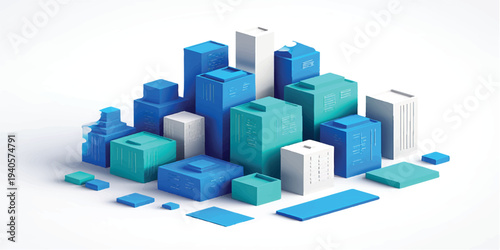 Abstract 3d city skyline illustration featuring a colorful business concept built from plastic toy blocks and cubes to create a green success structure design
