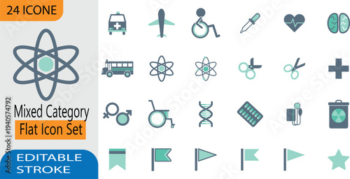 Mixed Category Flat Icons Set – Editable Stroke Science, Medical, Transport and Symbol Vector Icon Collection