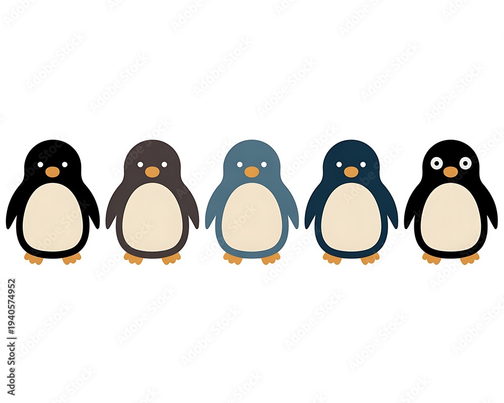 Fototapeta premium A group of cartoon penguins standing in a row on a white background