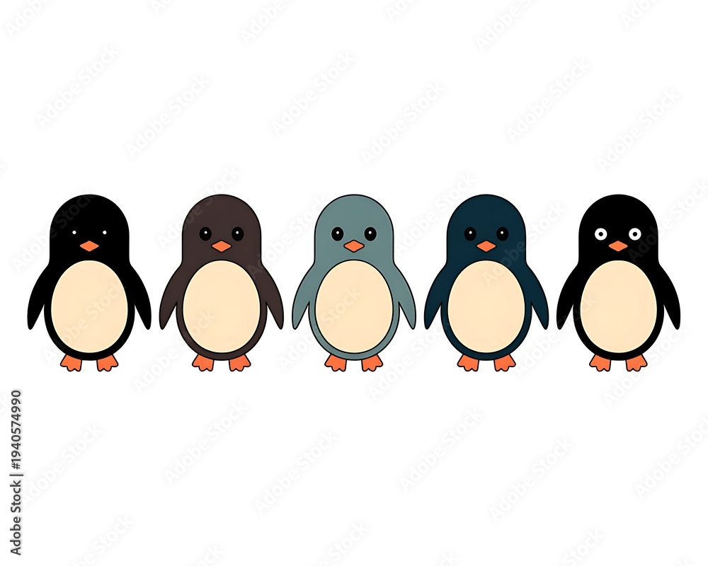 Fototapeta premium A group of cartoon penguins standing in a row on a white background